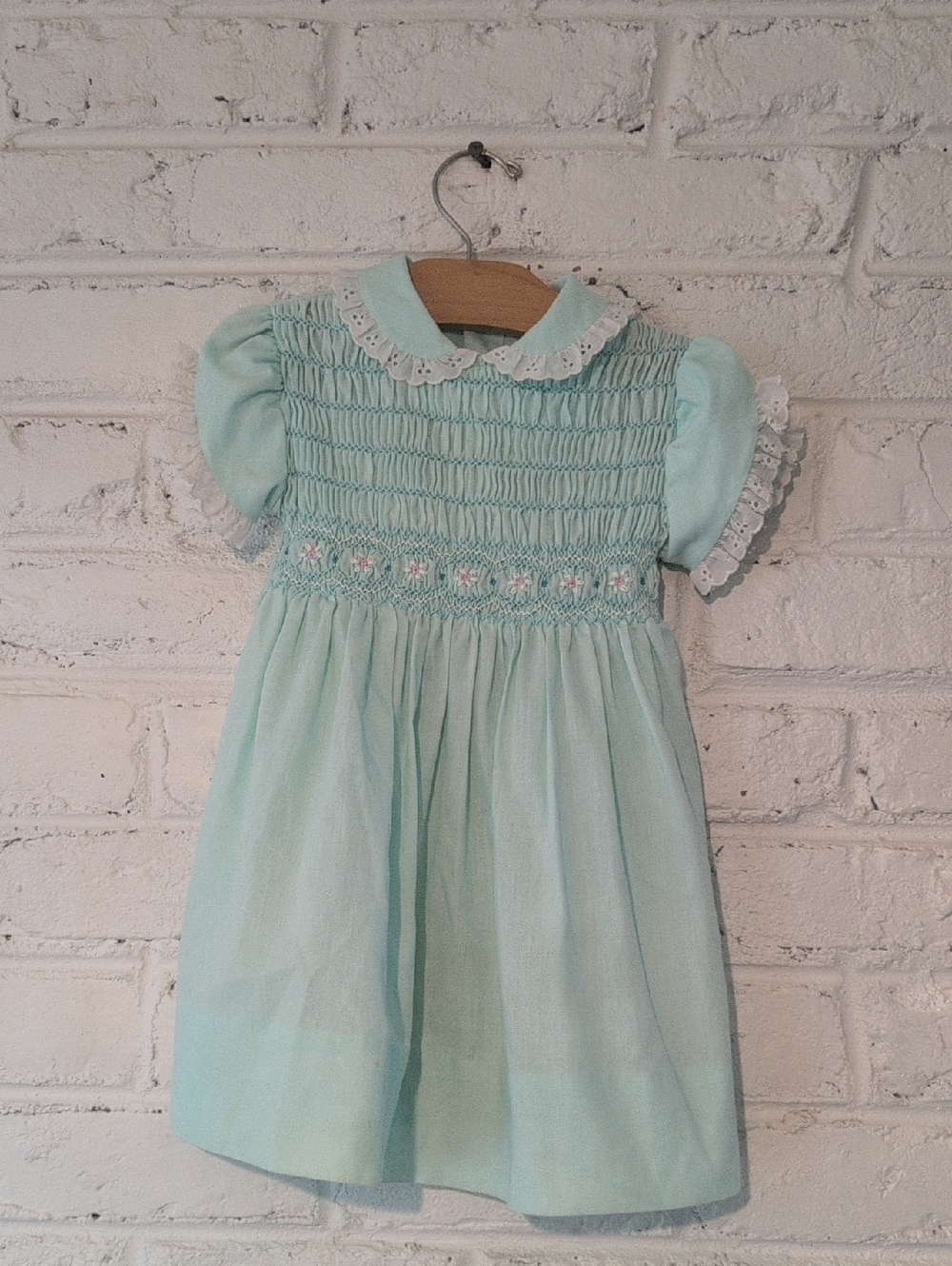 Polly Flinders Hand Smocked Pale Mint Girls' Dress with Lace Collar